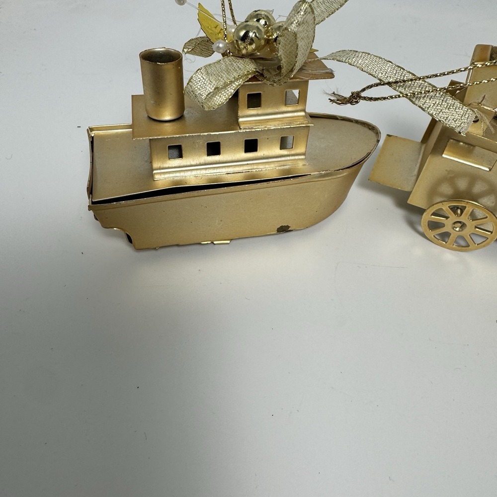 Vintage Gold Toned Metal Christmas Ornaments Featuring A Fire Truck And Boat - Picture 15 of 16